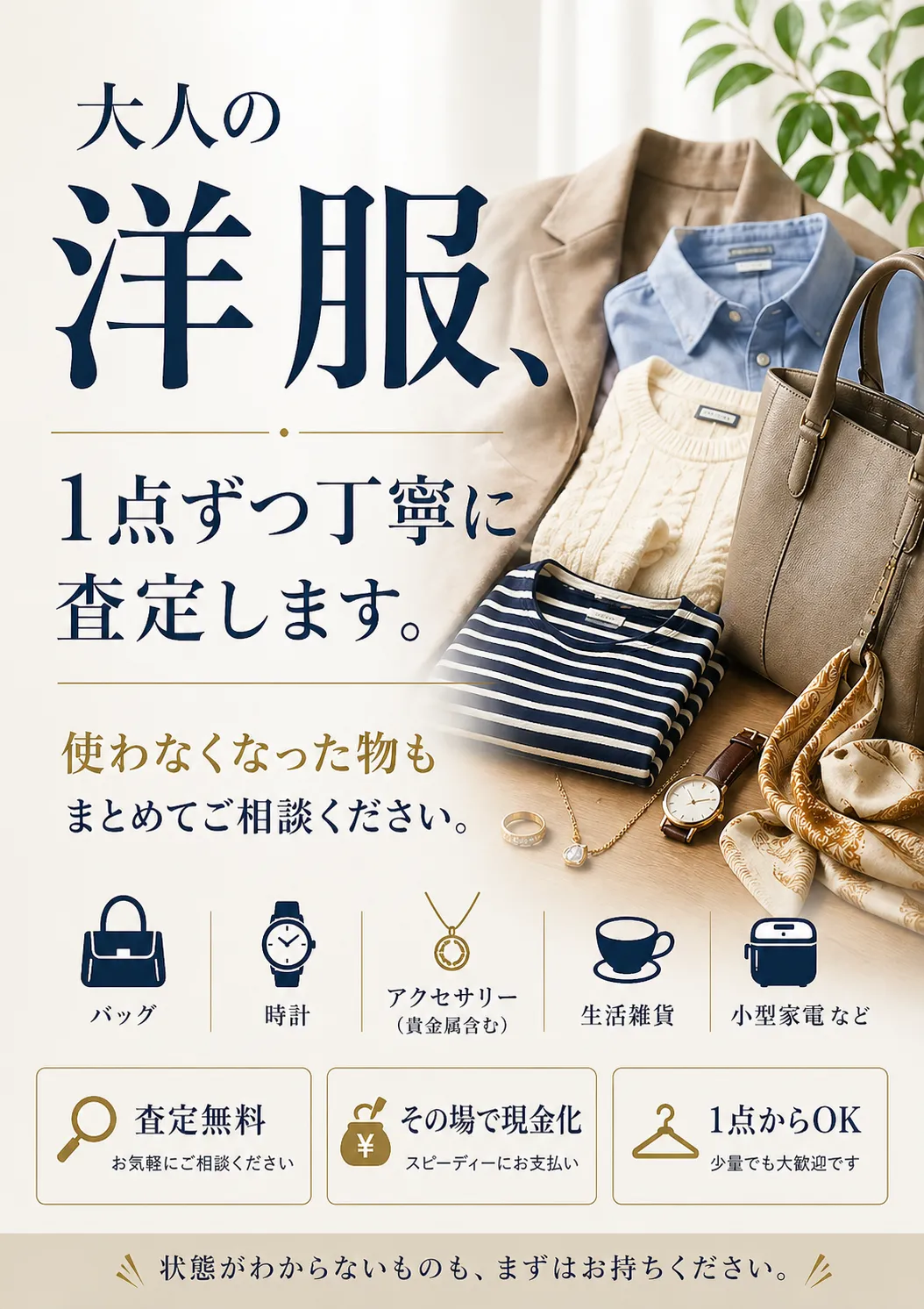 クローゼットに眠っていませんか?「大人の洋服」丁寧に査定・お買取りします!